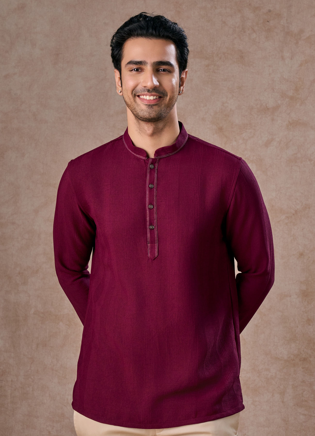 Manyavar Men Wine Rayon Short Kurta