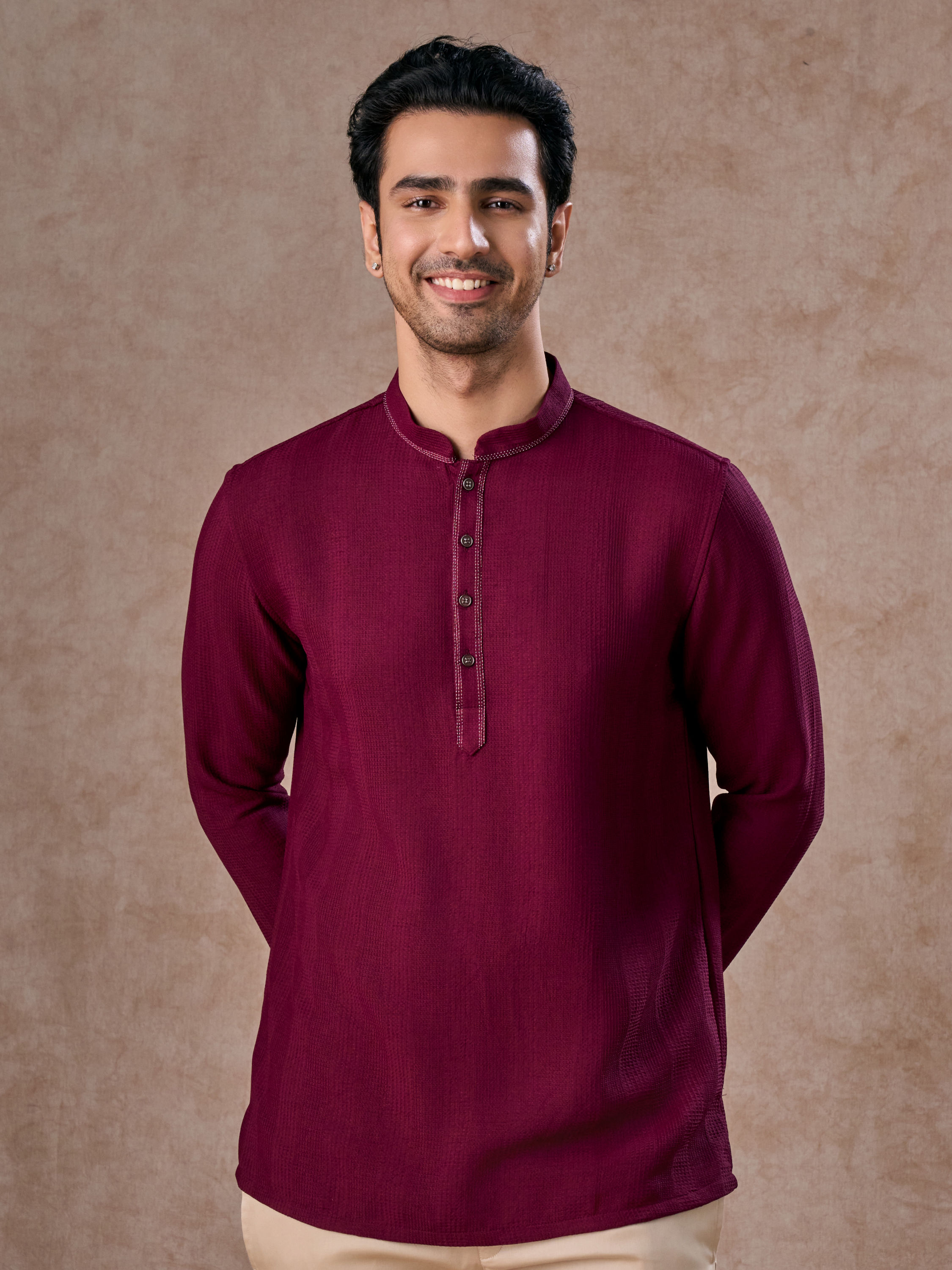 Manyavar Men Wine Rayon Short Kurta