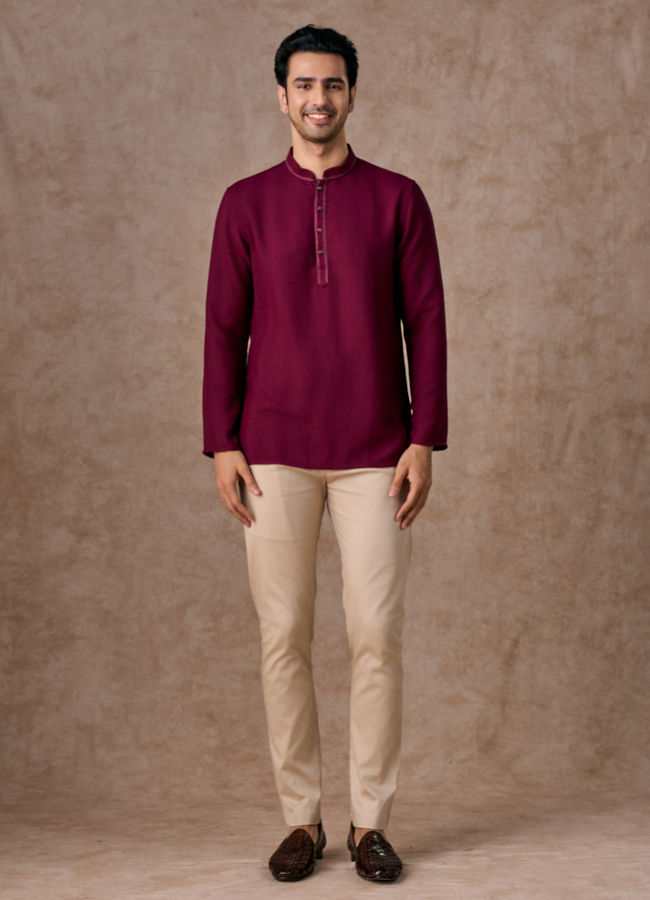 Manyavar Men Wine Rayon Short Kurta