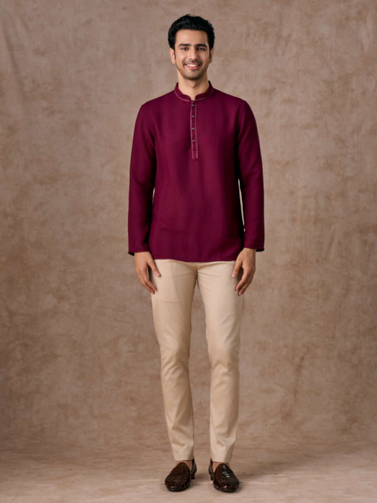 Manyavar Men Wine Rayon Short Kurta