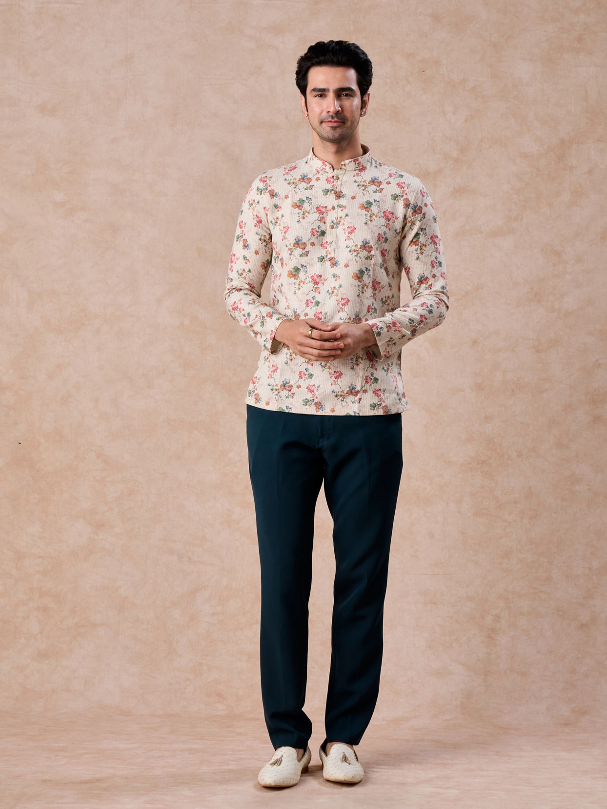 Manyavar Men Beige Charm Cotton Short Kurta