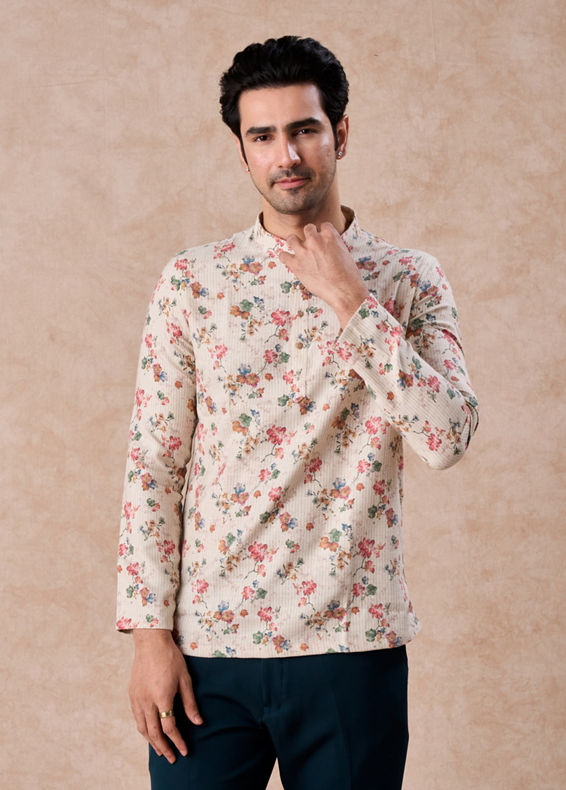 Manyavar Men Beige Charm Cotton Short Kurta