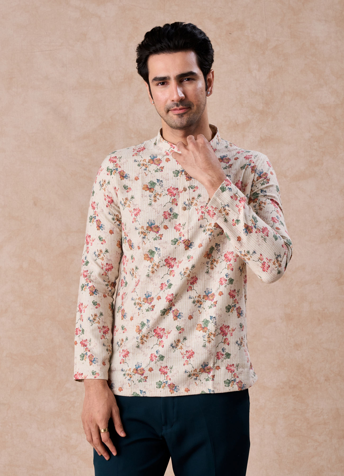 Manyavar Men Beige Charm Cotton Short Kurta