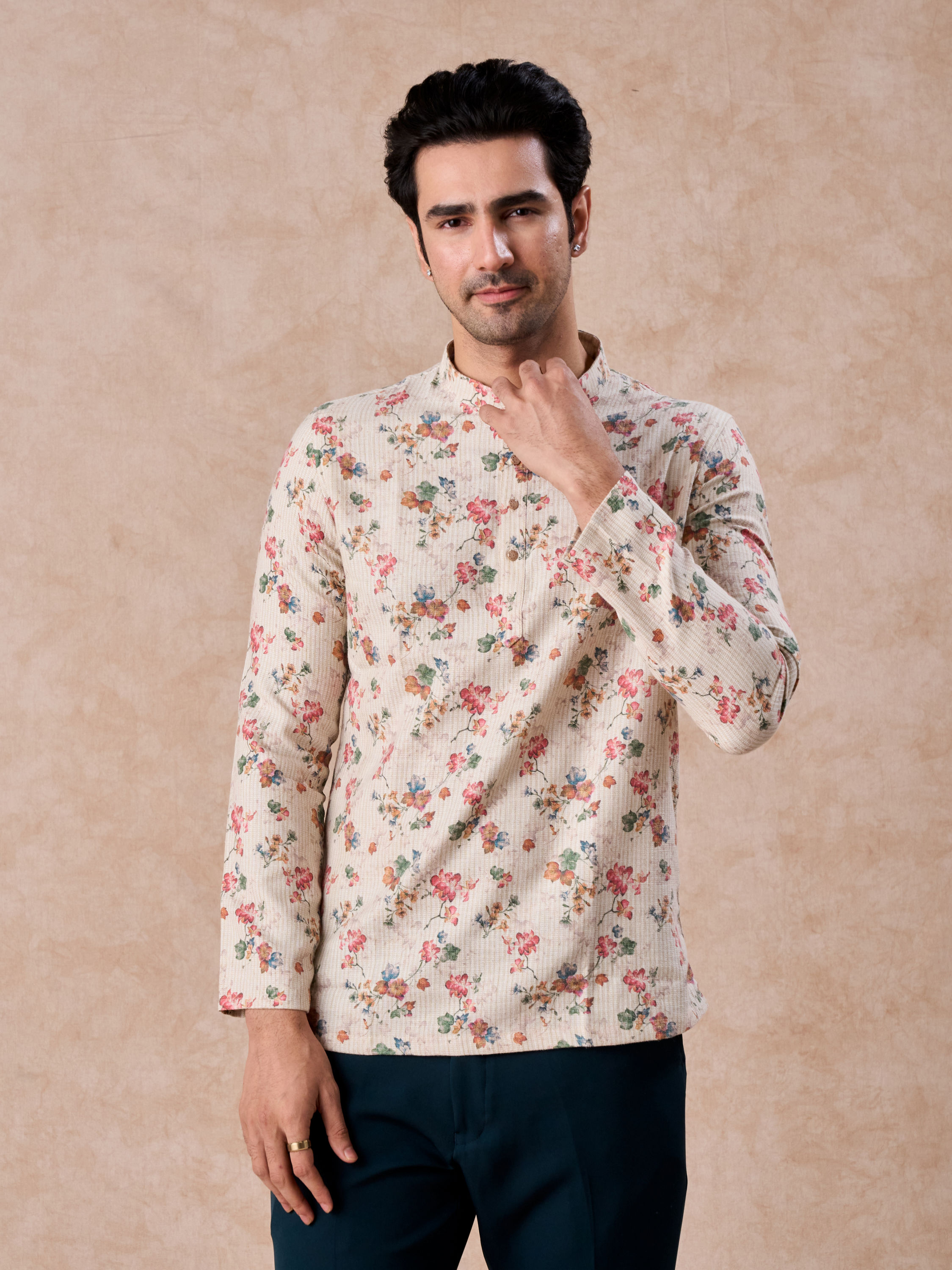 Manyavar Men Beige Charm Cotton Short Kurta