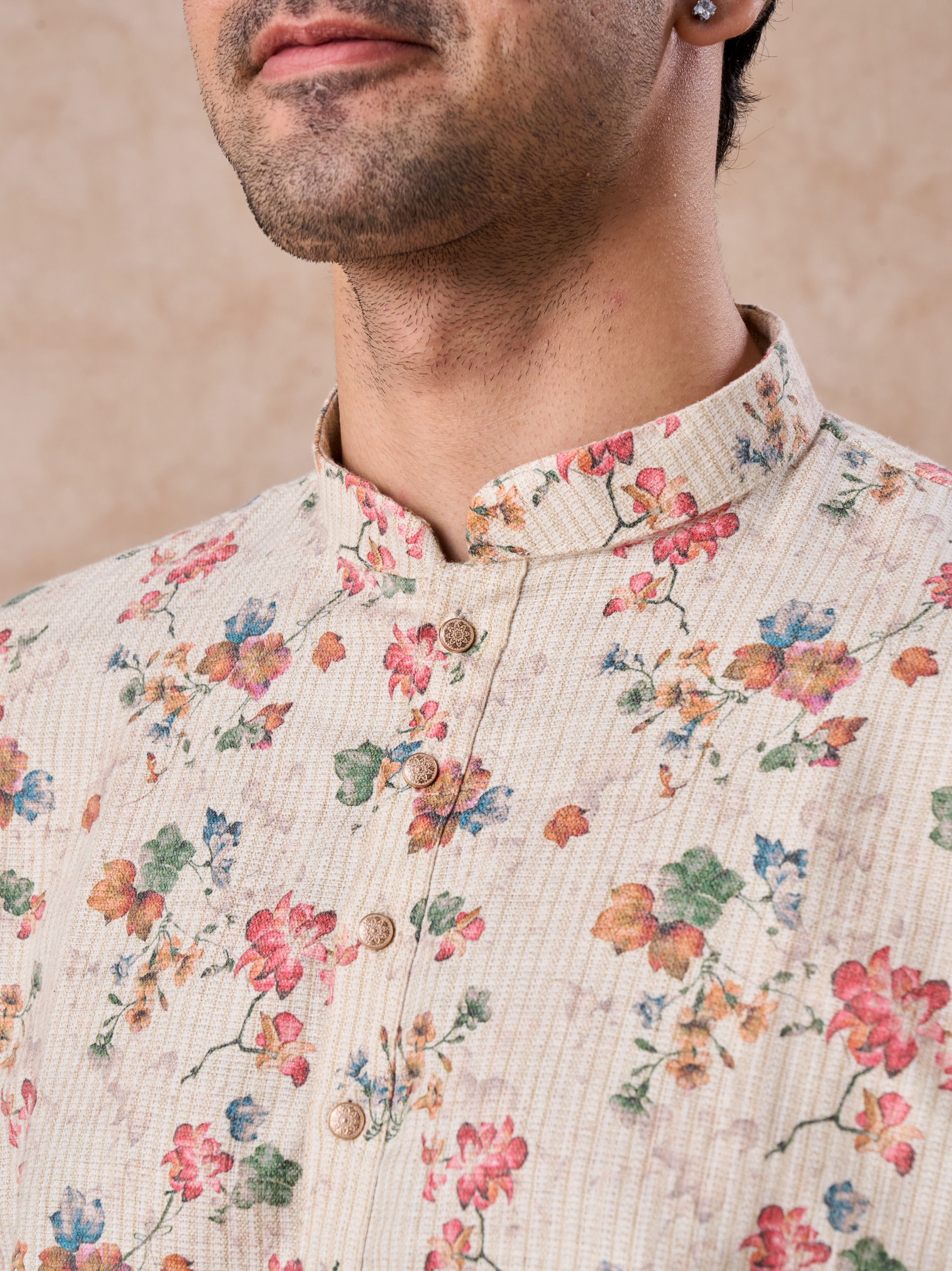 Manyavar Men Beige Charm Cotton Short Kurta