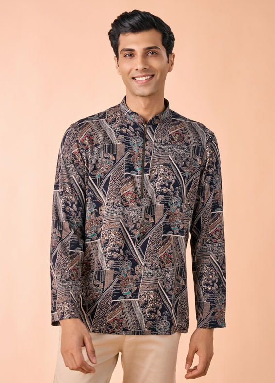 Manyavar Men Dark Blue Elegance Short Kurta