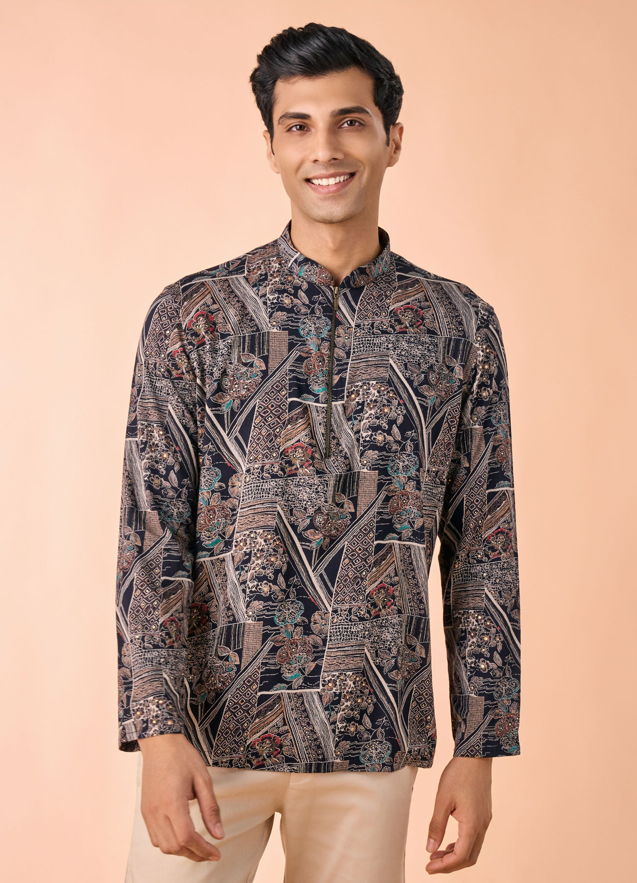 Manyavar Men Dark Blue Elegance Short Kurta