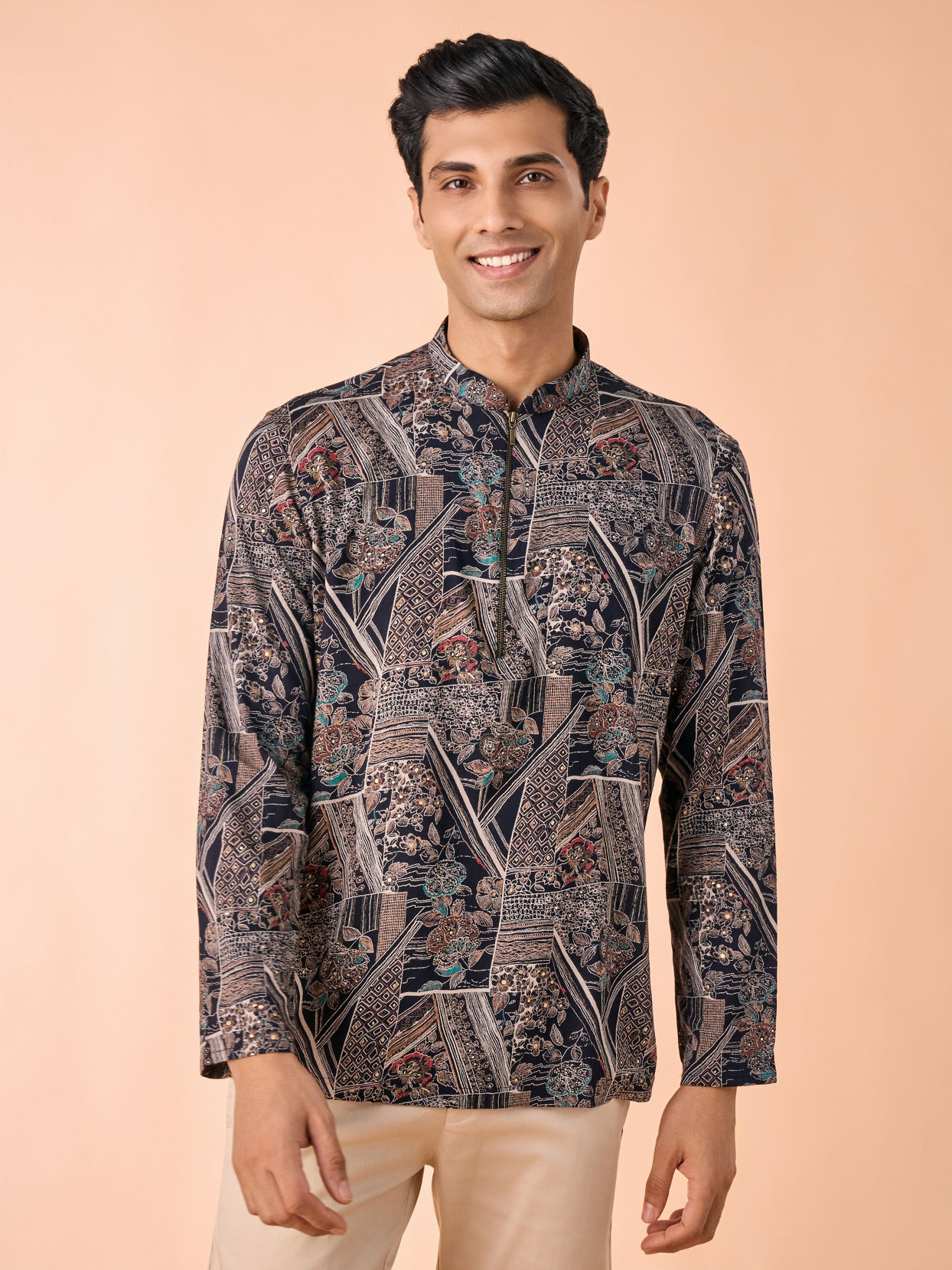 Manyavar Men Dark Blue Elegance Short Kurta