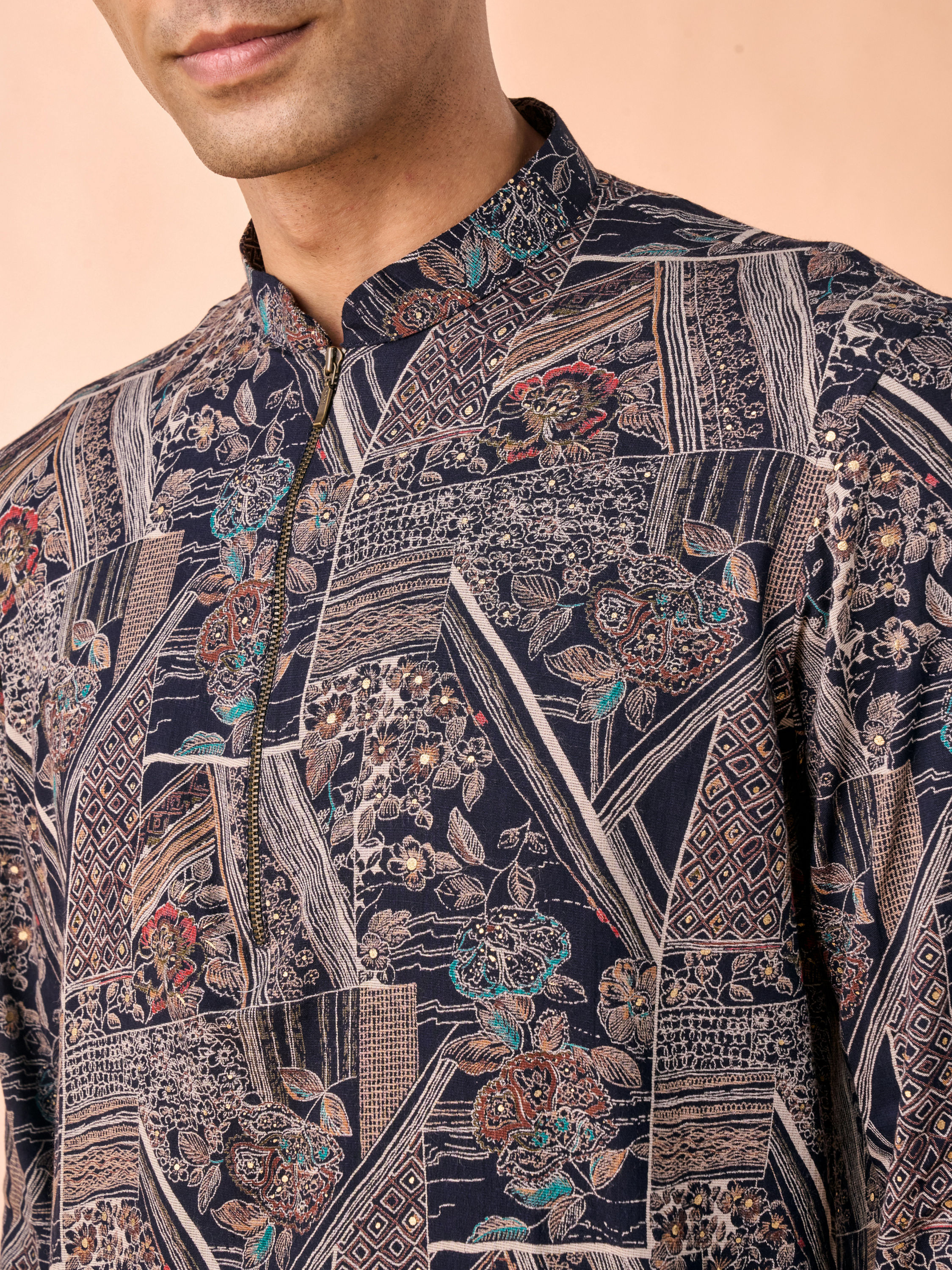 Manyavar Men Dark Blue Elegance Short Kurta