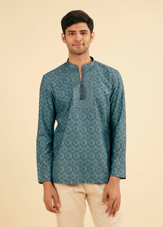 Manyavar Men Vibrant Teal Blue Short Kurta