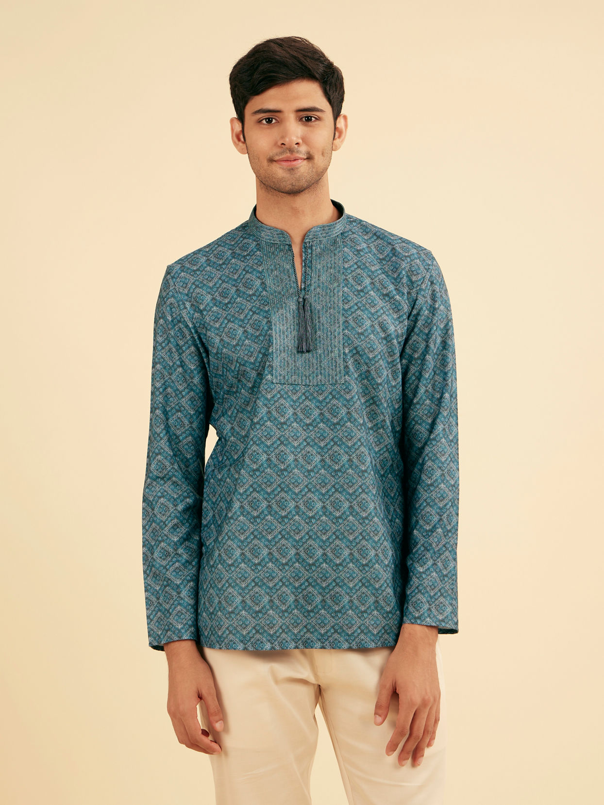 Manyavar Men Vibrant Teal Blue Short Kurta