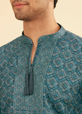 Manyavar Men Vibrant Teal Blue Short Kurta