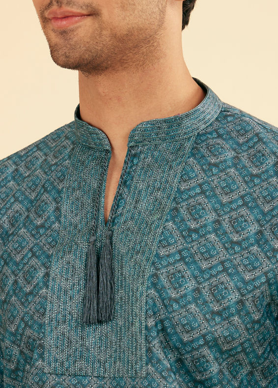 Manyavar Men Vibrant Teal Blue Short Kurta