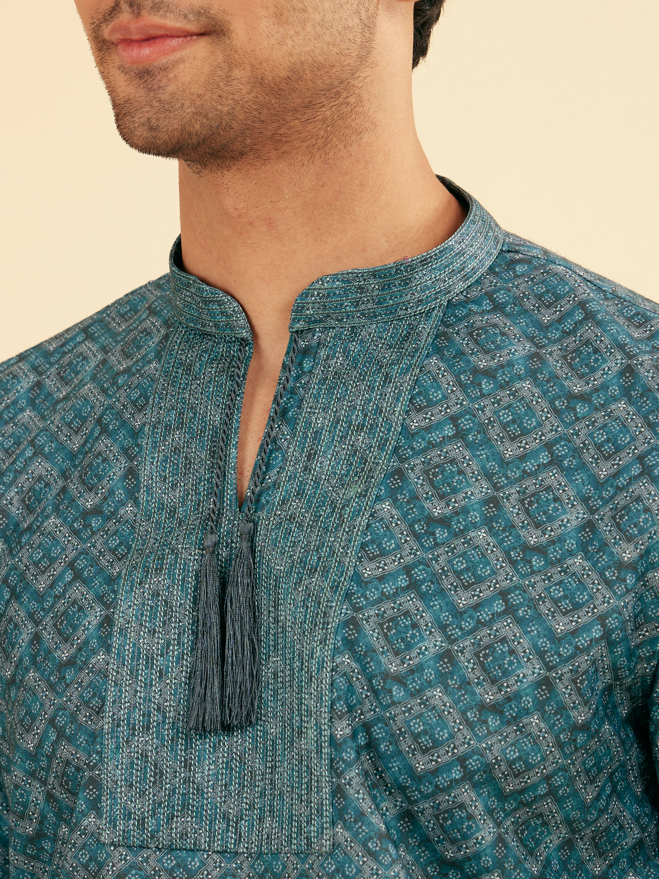 Manyavar Men Vibrant Teal Blue Short Kurta