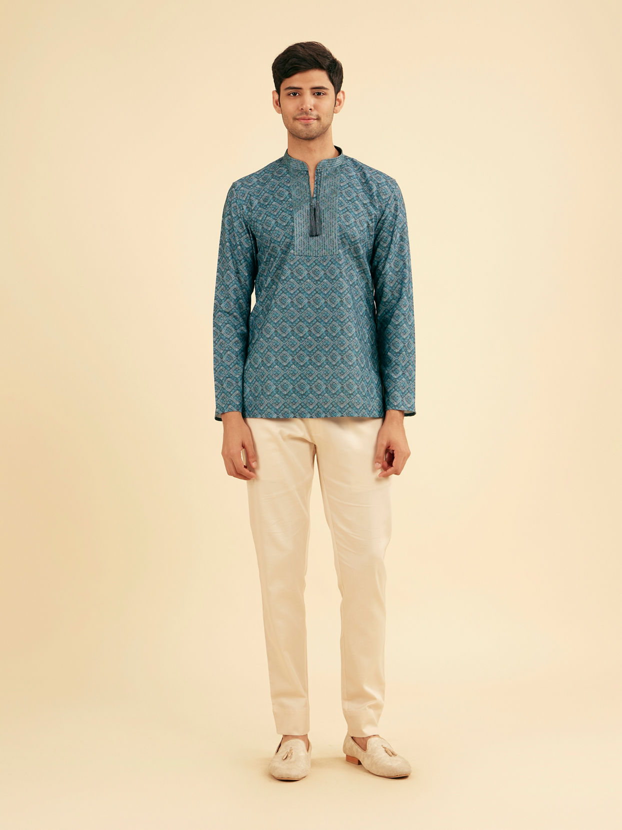 Manyavar Men Vibrant Teal Blue Short Kurta