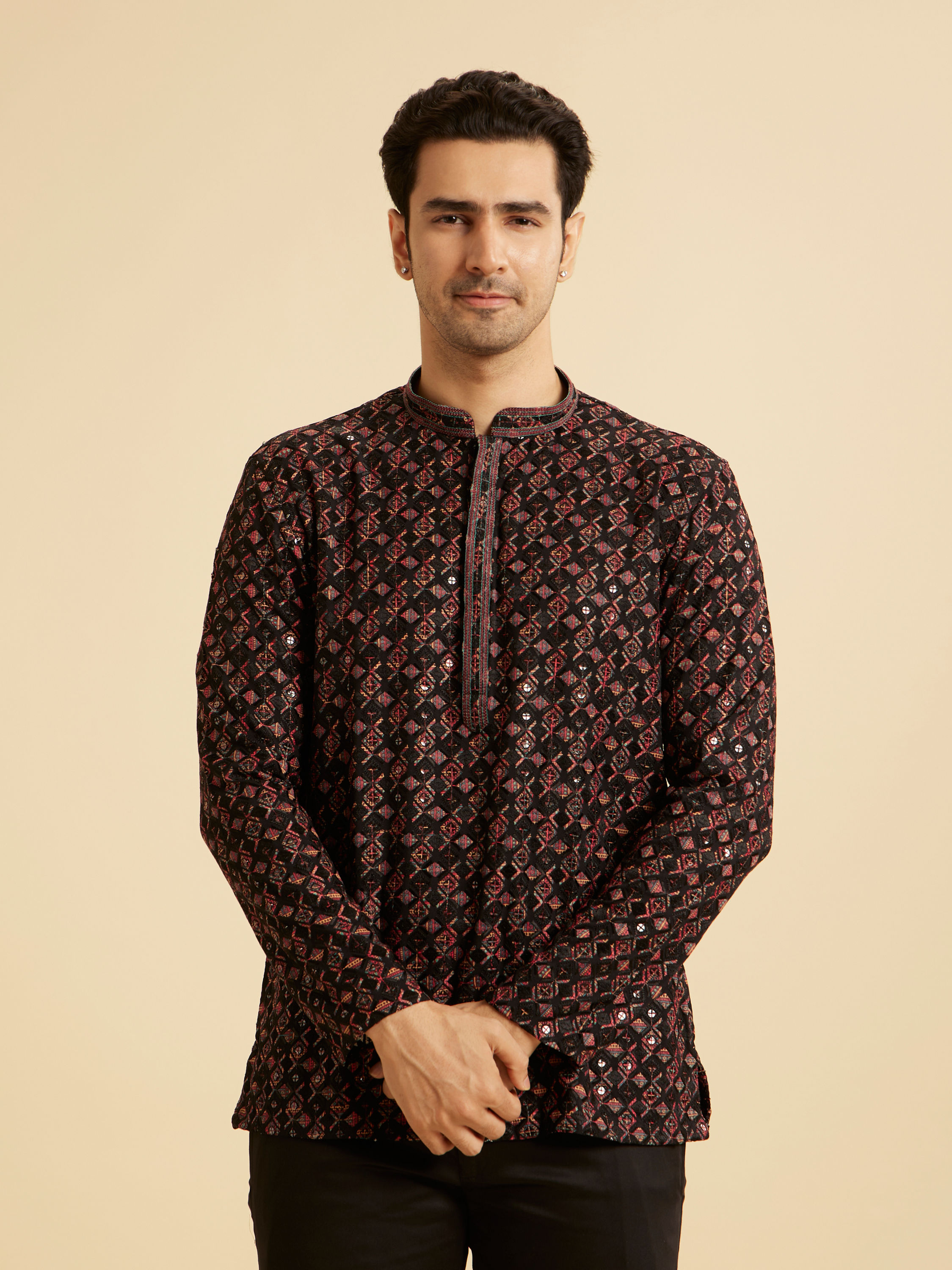 Manyavar Men Elegant Black Viscose Short Kurta