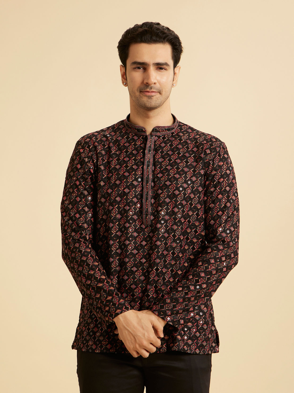 Manyavar Men Elegant Black Viscose Short Kurta
