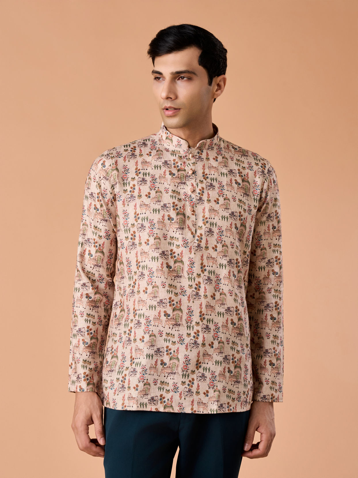 Manyavar Men Chic Beige Short Kurta