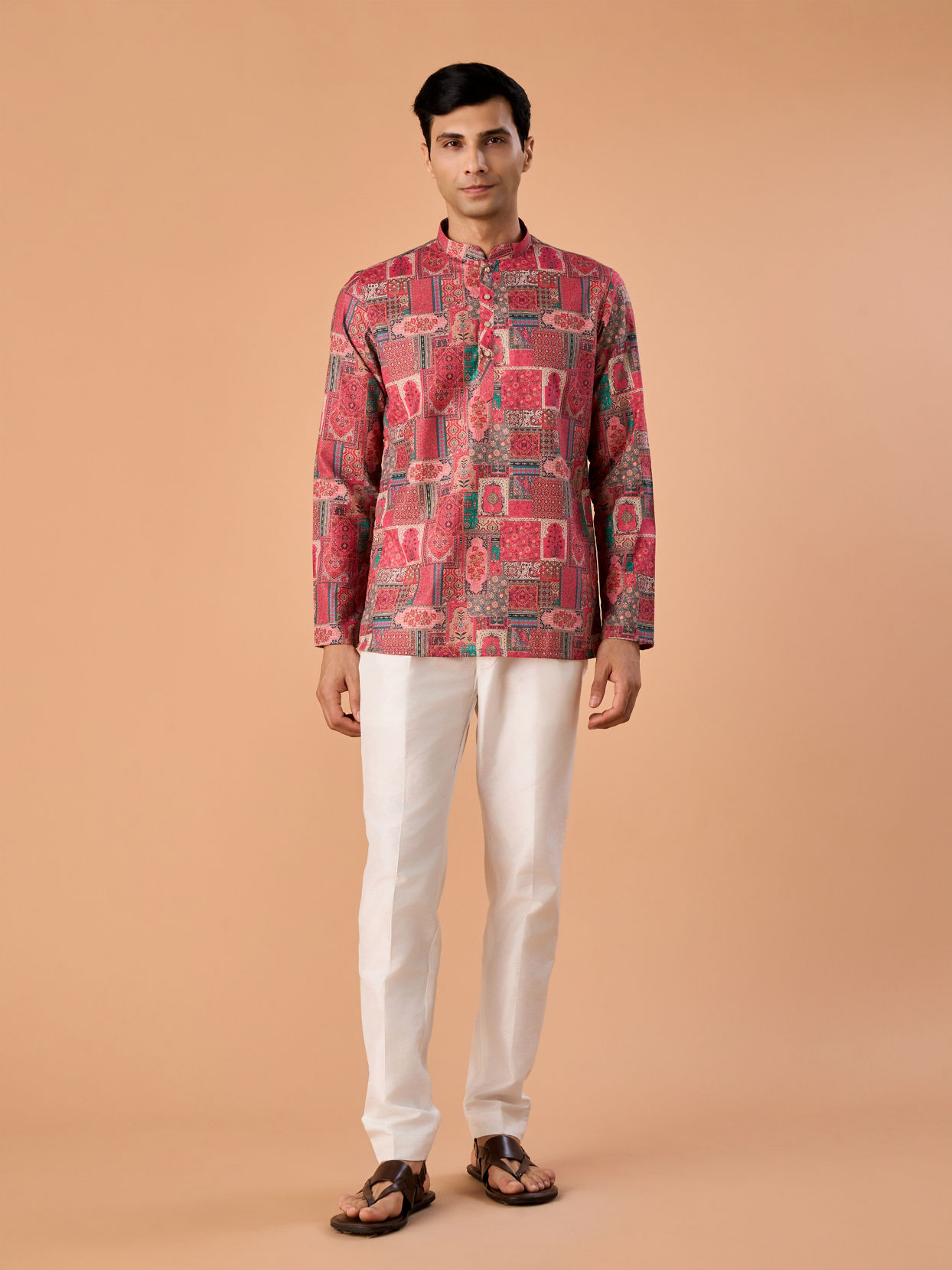 Manyavar Men Resplendent Coral Short Kurta