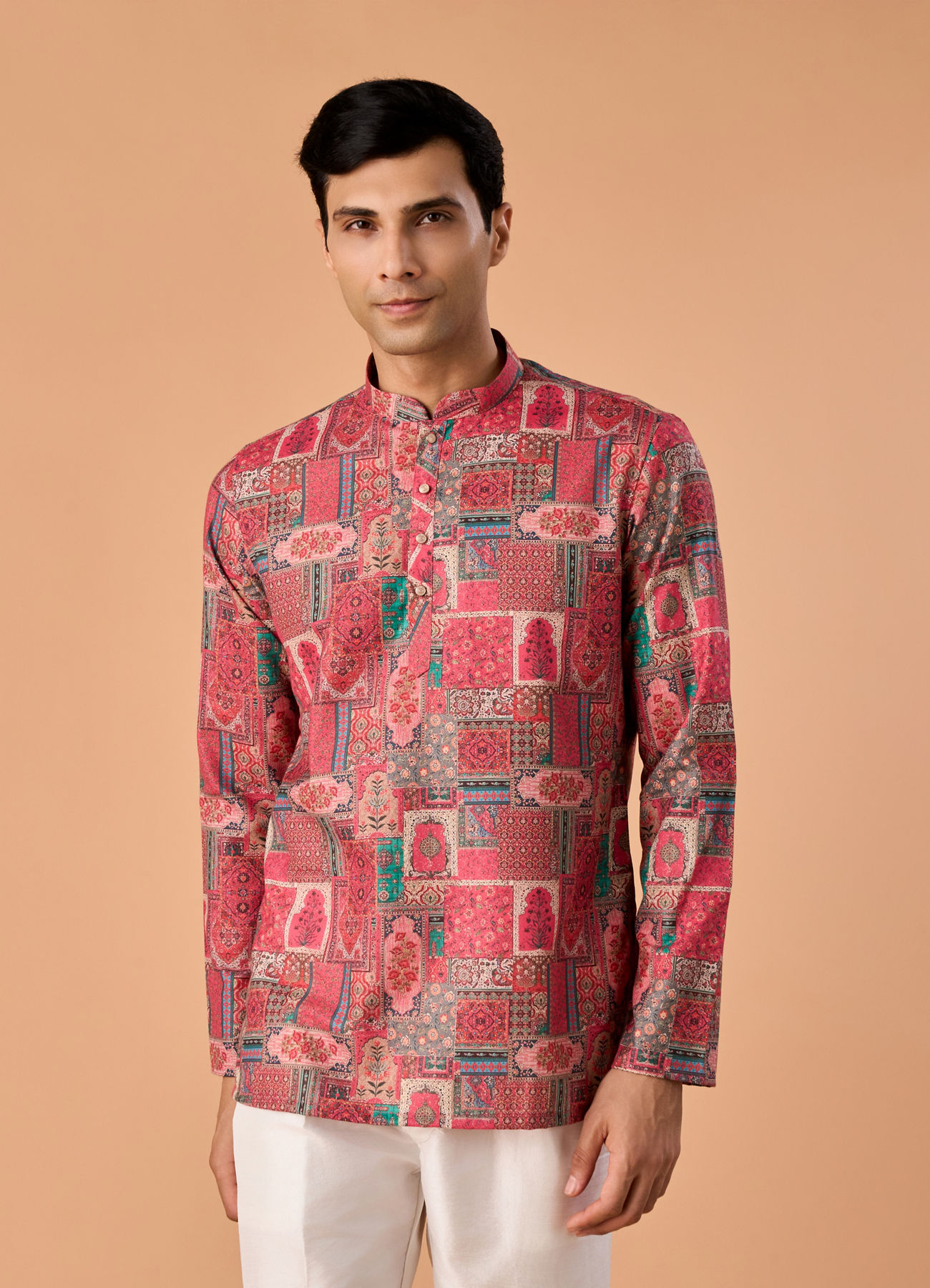 Manyavar Men Resplendent Coral Short Kurta