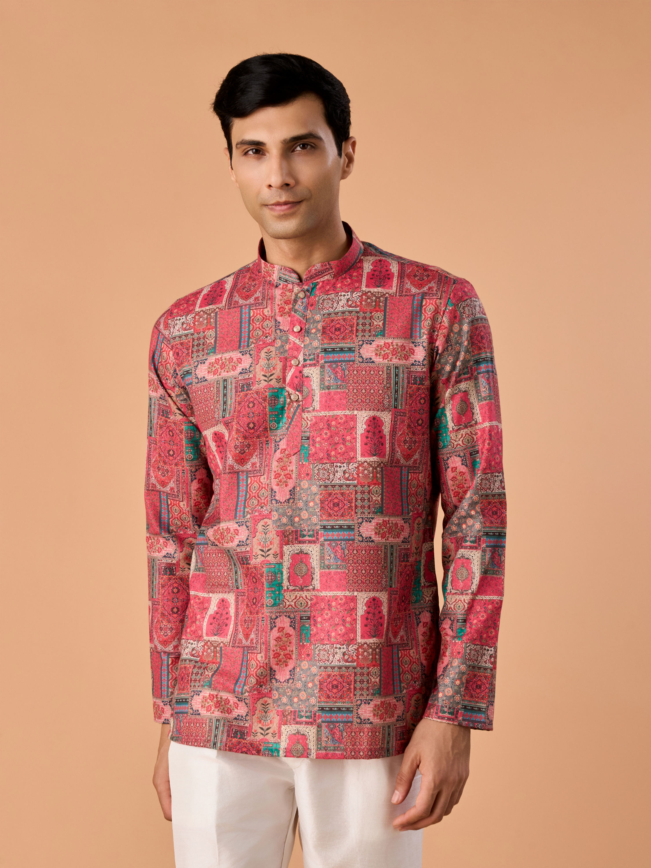 Manyavar Men Resplendent Coral Short Kurta