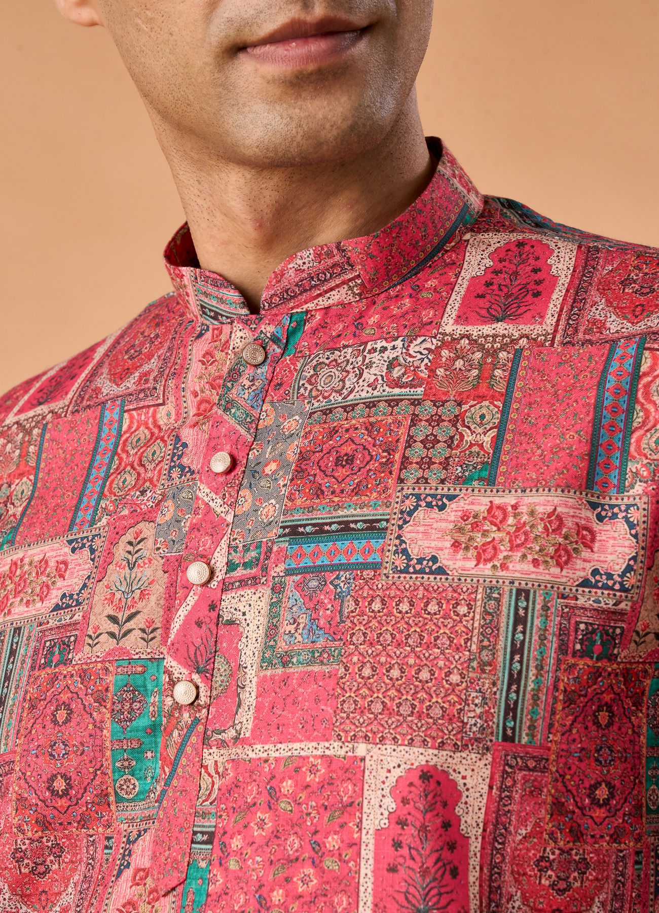 Manyavar Men Resplendent Coral Short Kurta