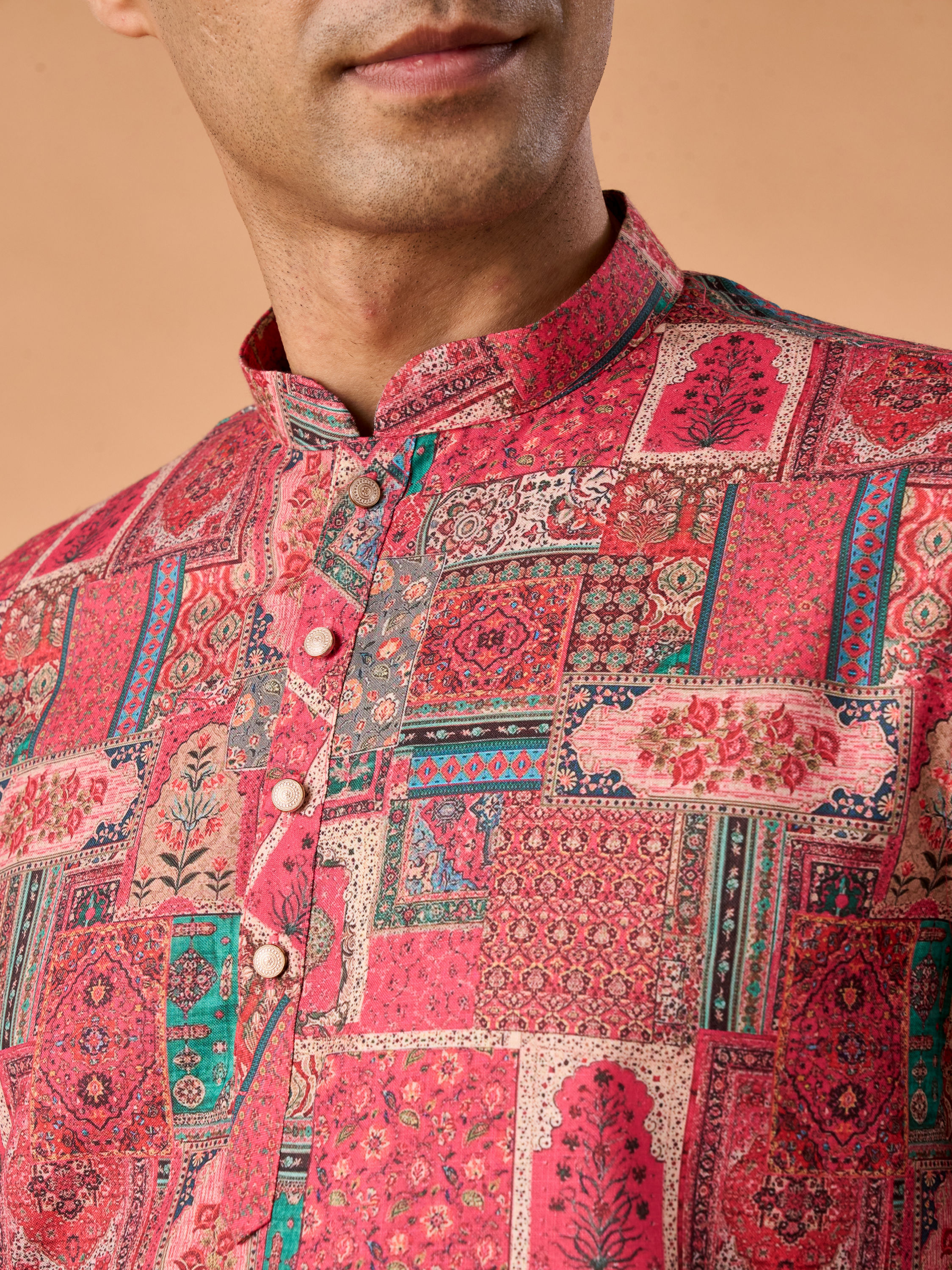 Manyavar Men Resplendent Coral Short Kurta