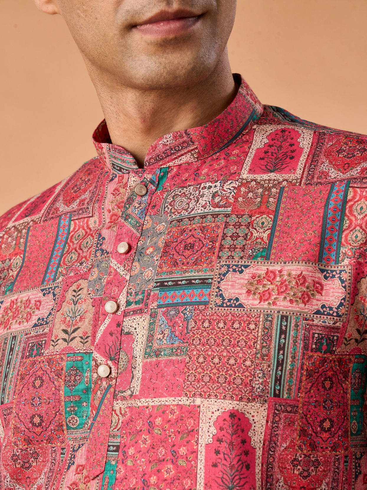 Manyavar Men Resplendent Coral Short Kurta