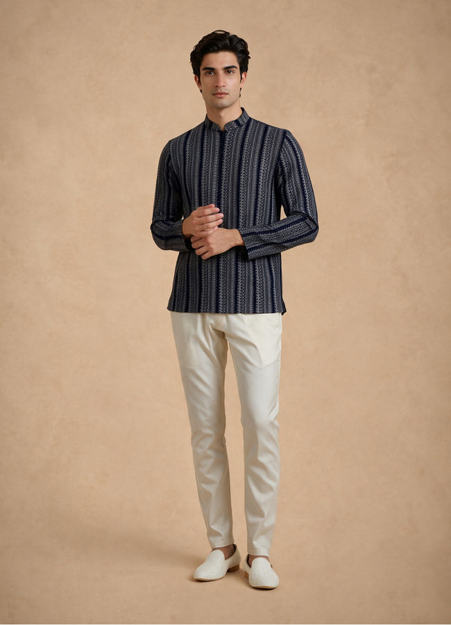 Manyavar Men Blue Spandex Printed Short Kurta