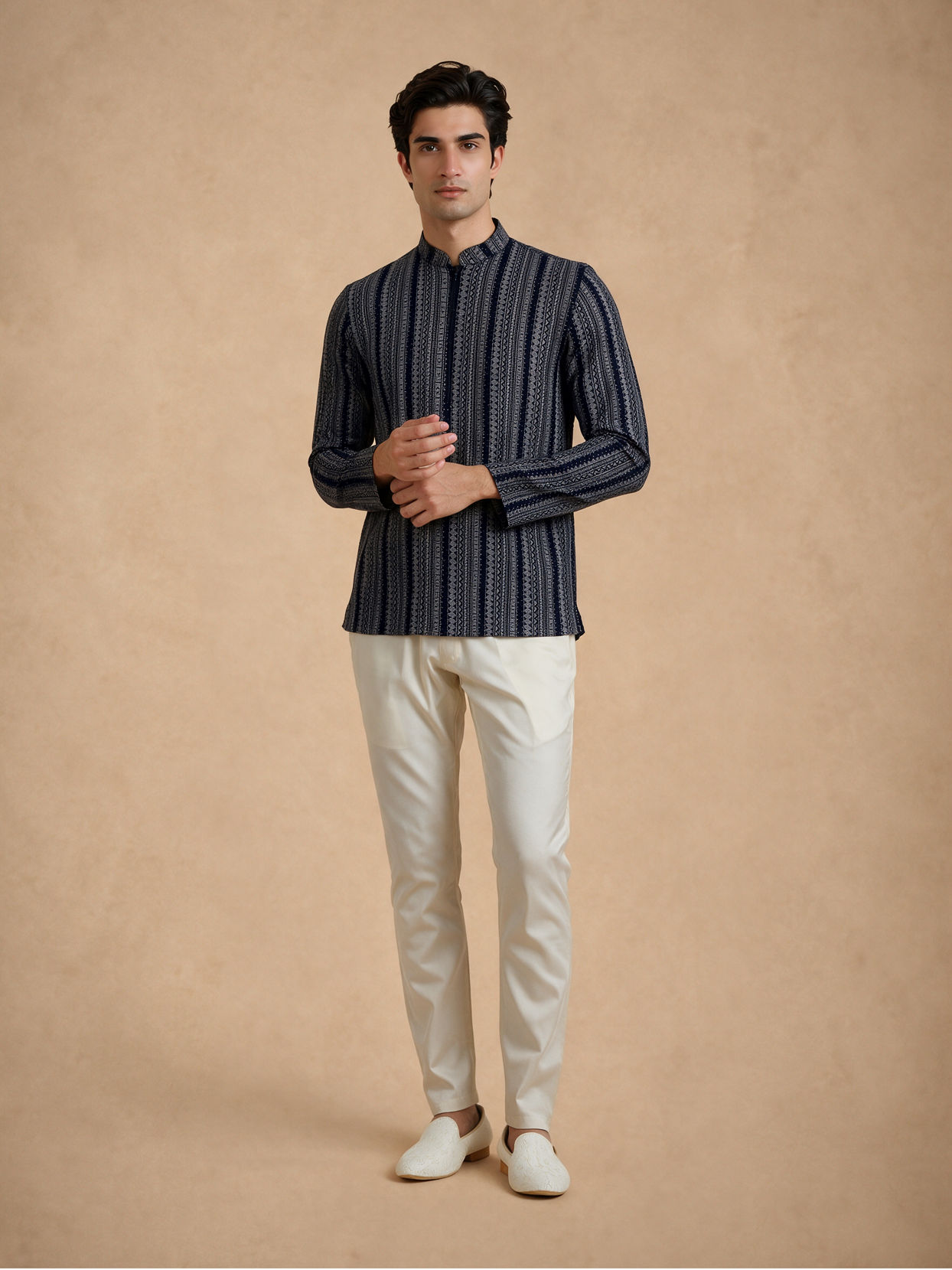 Manyavar Men Blue Spandex Printed Short Kurta