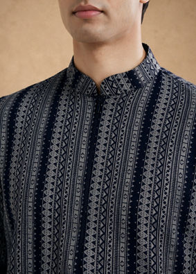 Manyavar Men Blue Spandex Printed Short Kurta