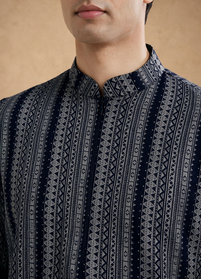 Manyavar Men Blue Spandex Printed Short Kurta