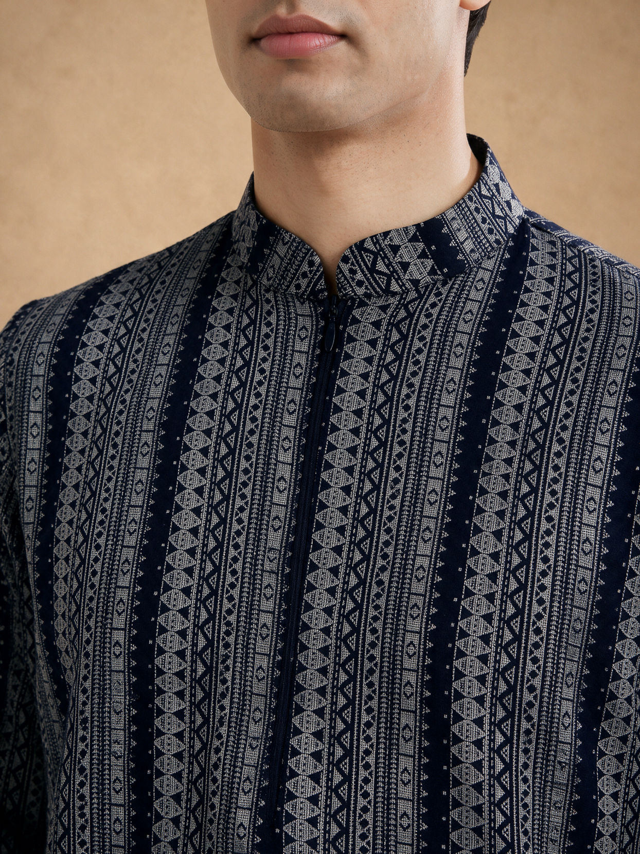 Manyavar Men Blue Spandex Printed Short Kurta