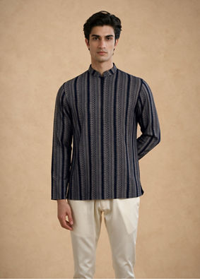 Manyavar Men Blue Spandex Printed Short Kurta