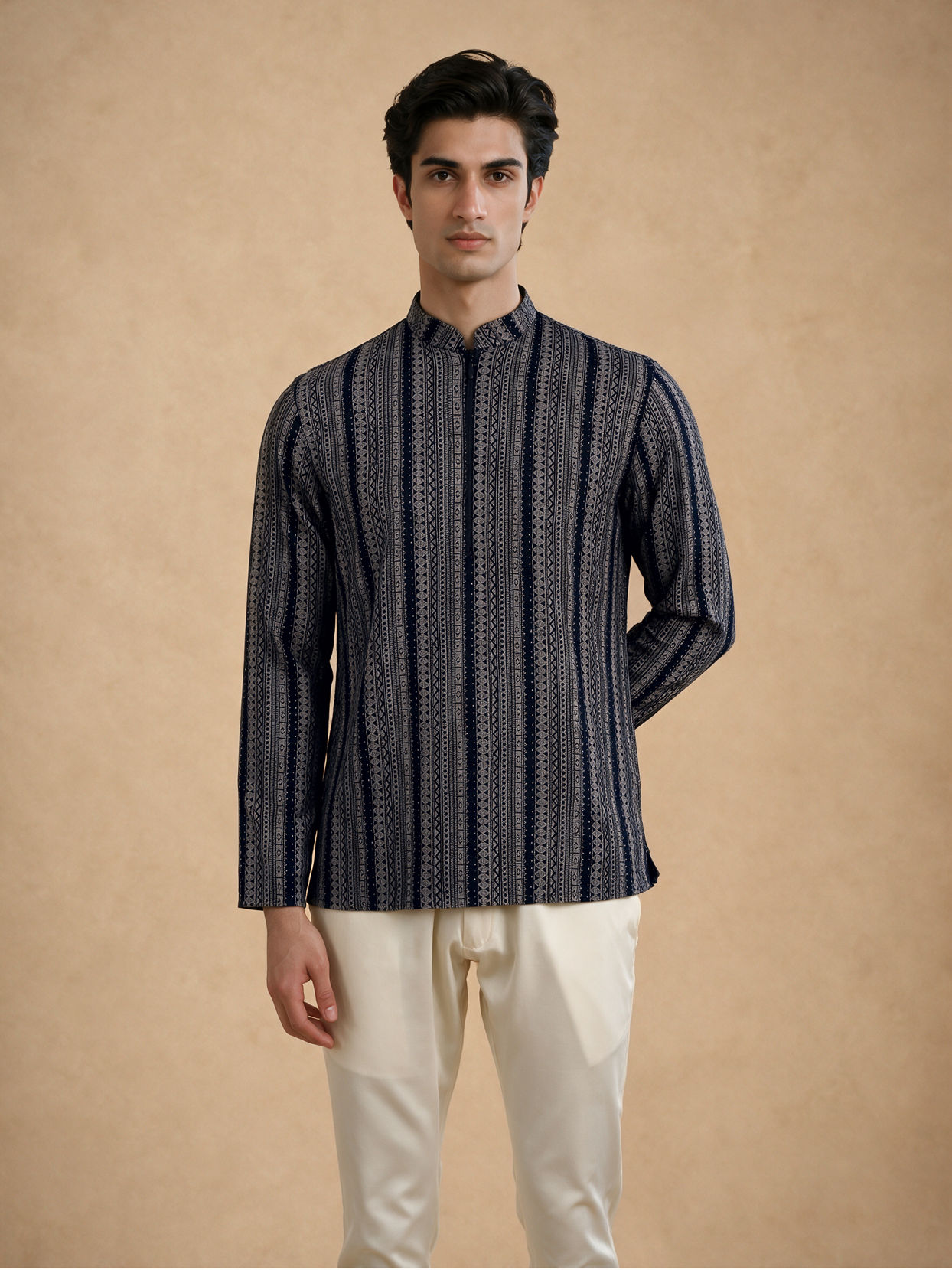 Manyavar Men Blue Spandex Printed Short Kurta