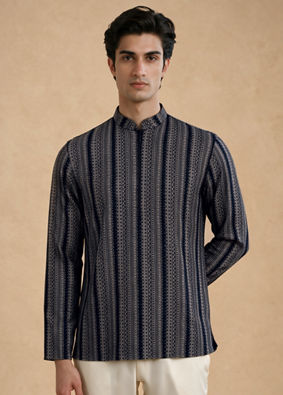 Manyavar Men Blue Spandex Printed Short Kurta