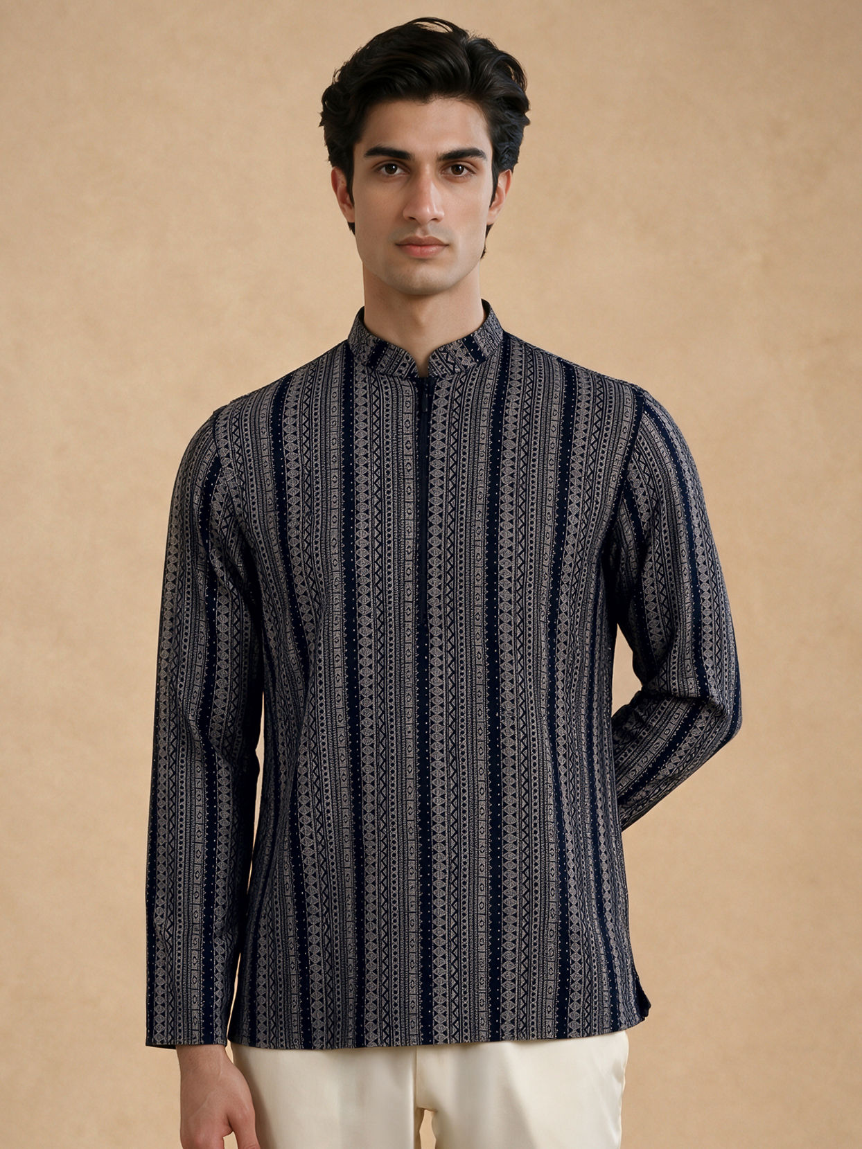 Manyavar Men Blue Spandex Printed Short Kurta