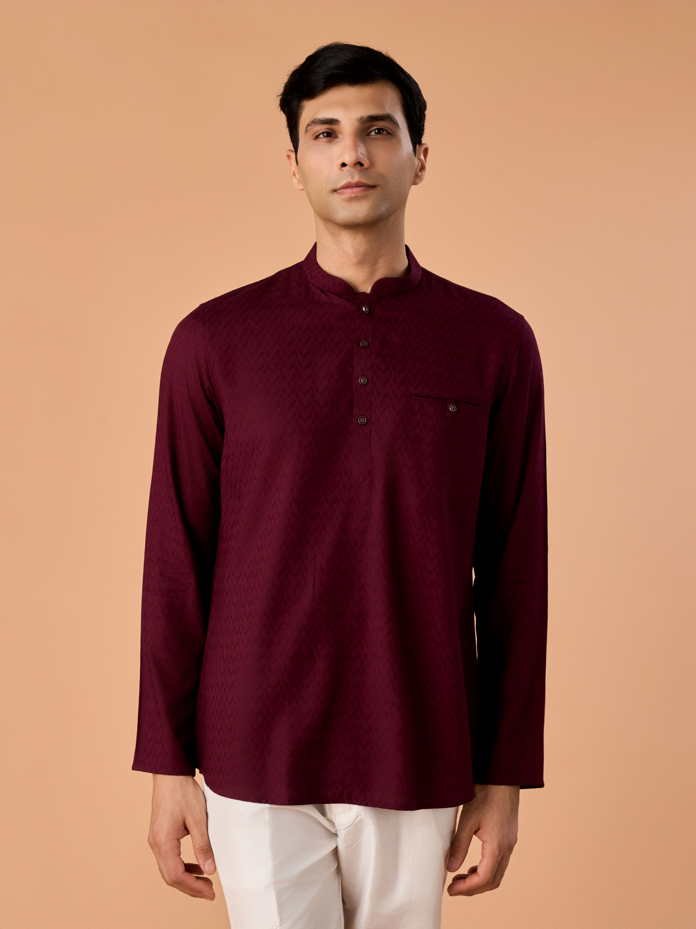 Manyavar Men Elegant Wine Short Kurta