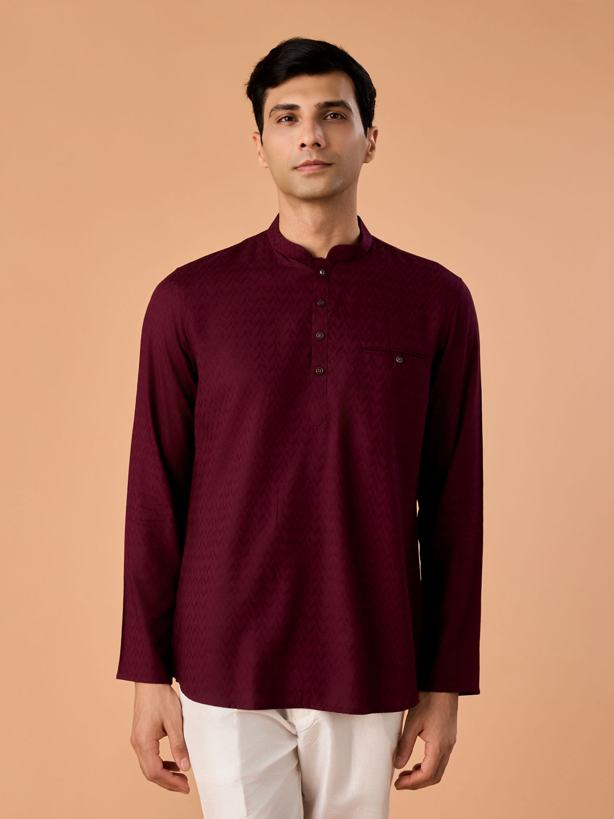 Manyavar Men Elegant Wine Short Kurta