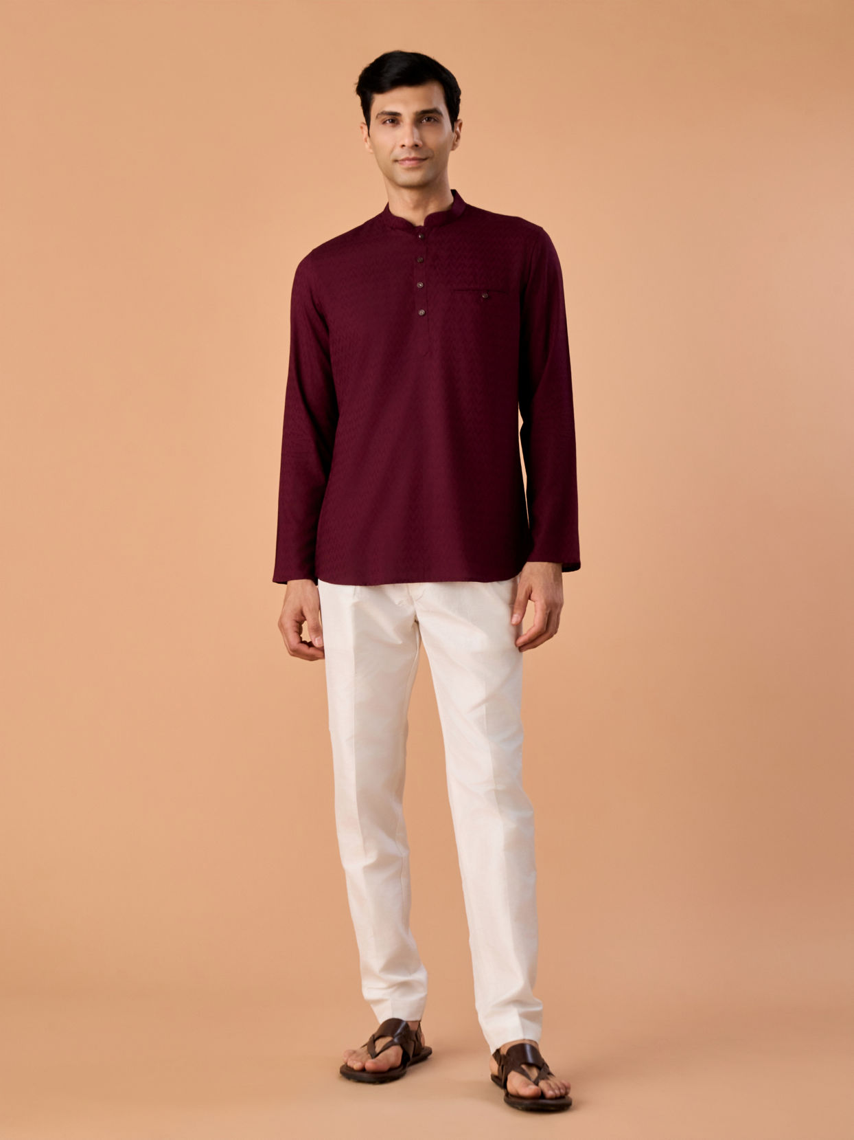 Manyavar Men Elegant Wine Short Kurta