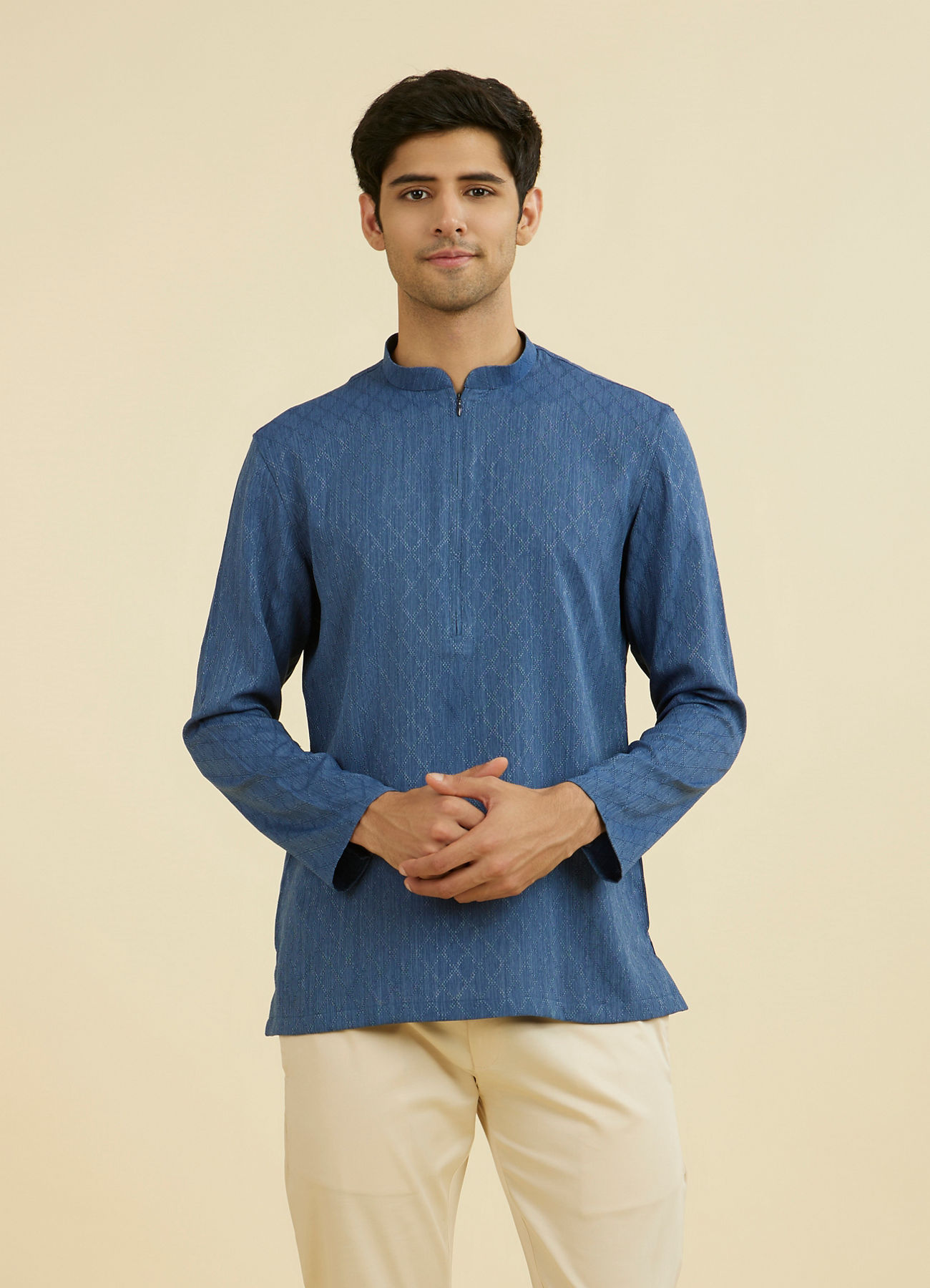 Manyavar Men Vibrant Blue Short Kurta