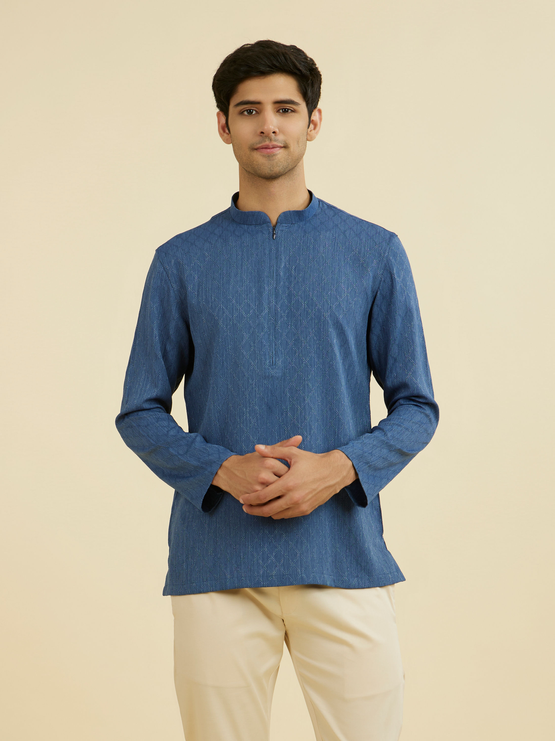 Manyavar Men Vibrant Blue Short Kurta