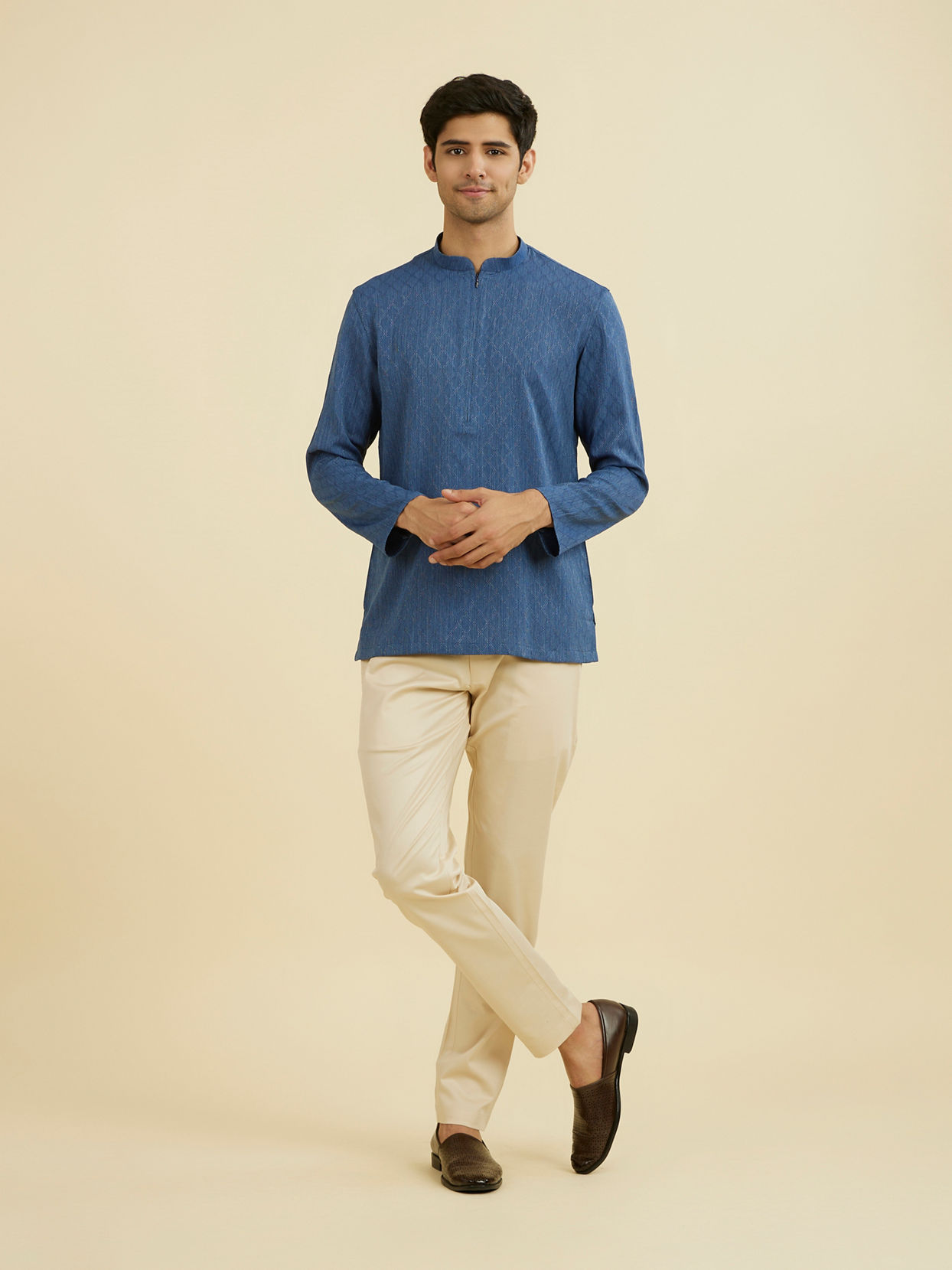 Manyavar Men Vibrant Blue Short Kurta
