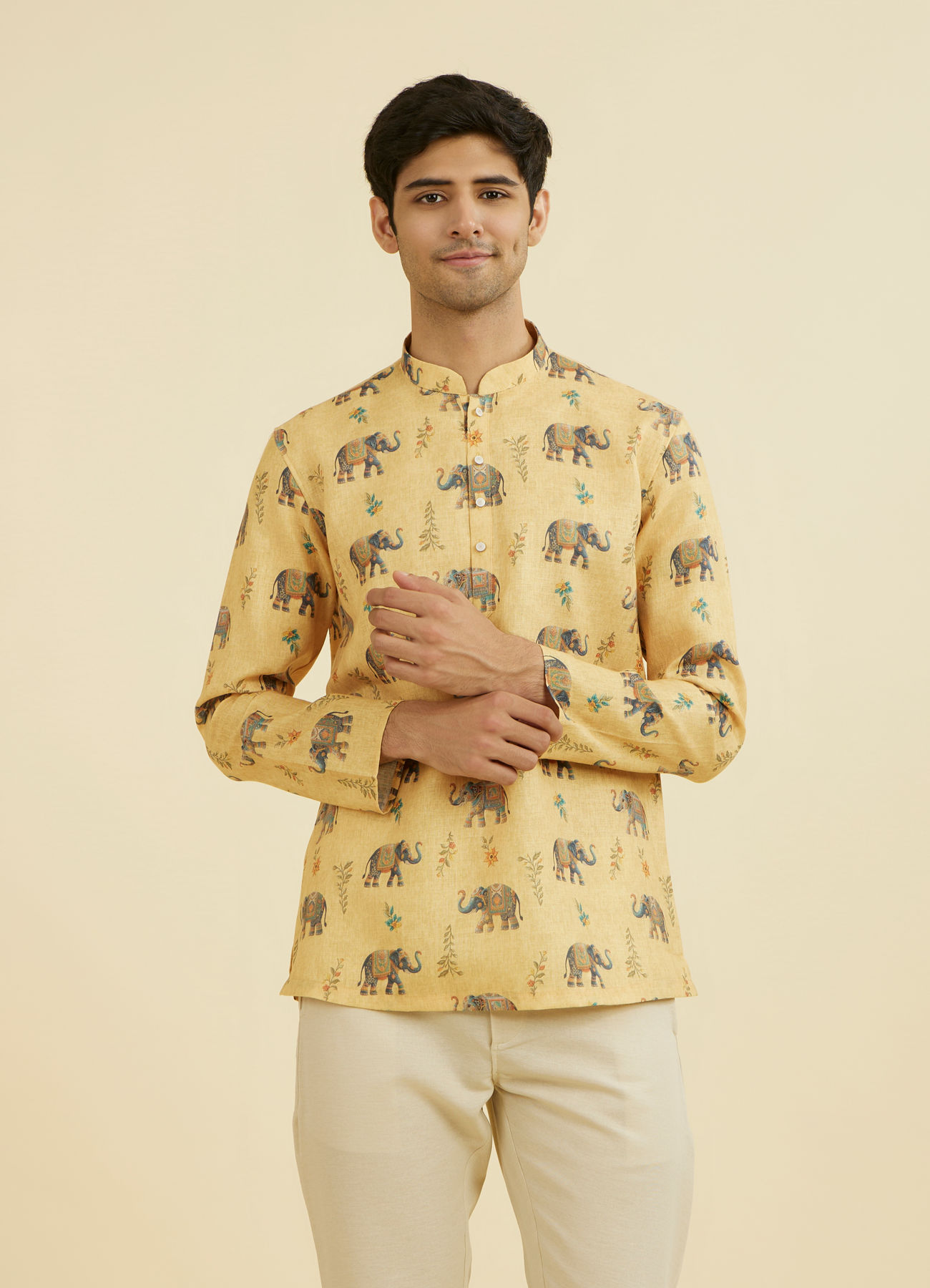 Manyavar Men Vibrant Yellow Short Kurta