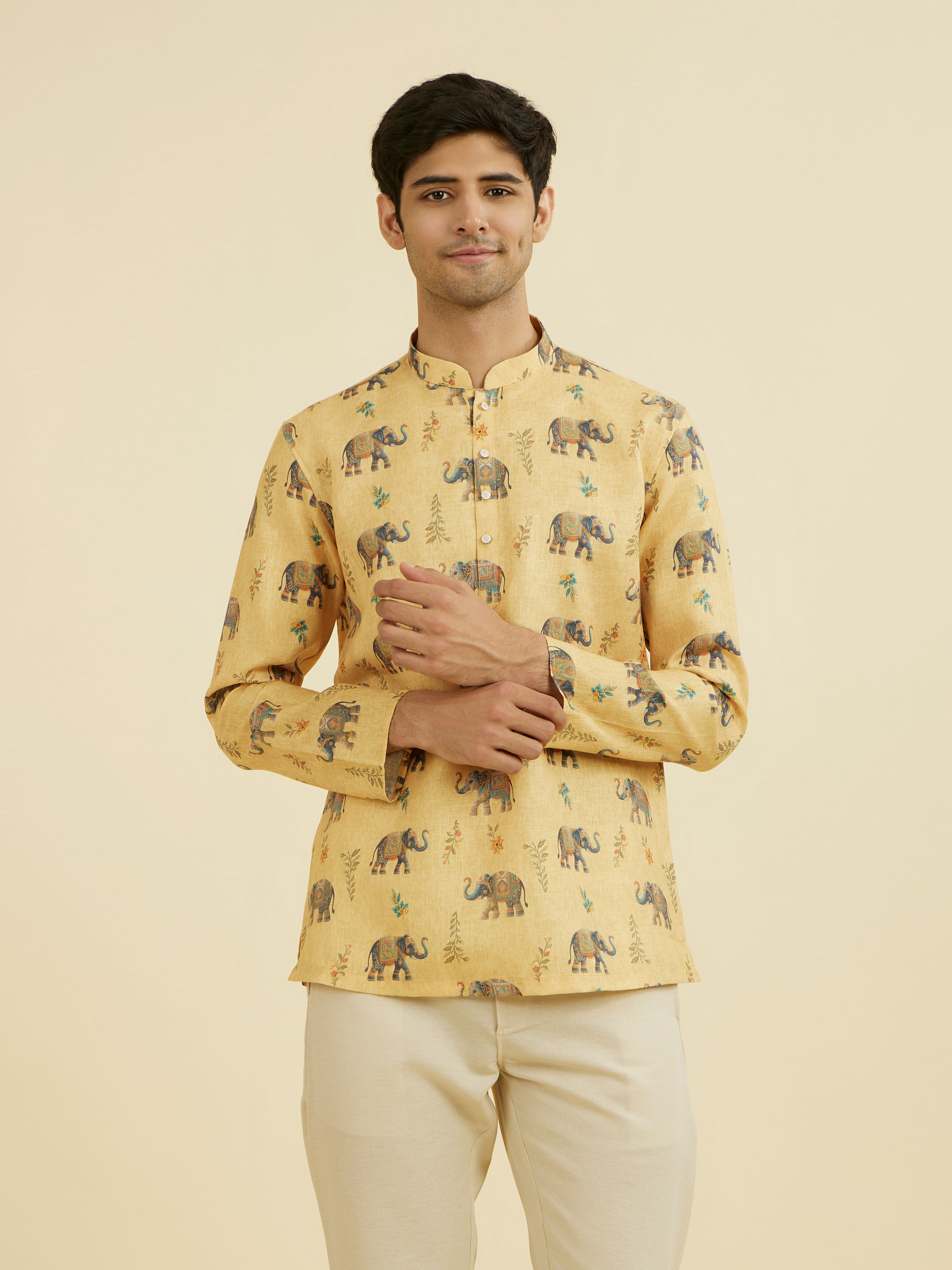 Manyavar Men Vibrant Yellow Short Kurta