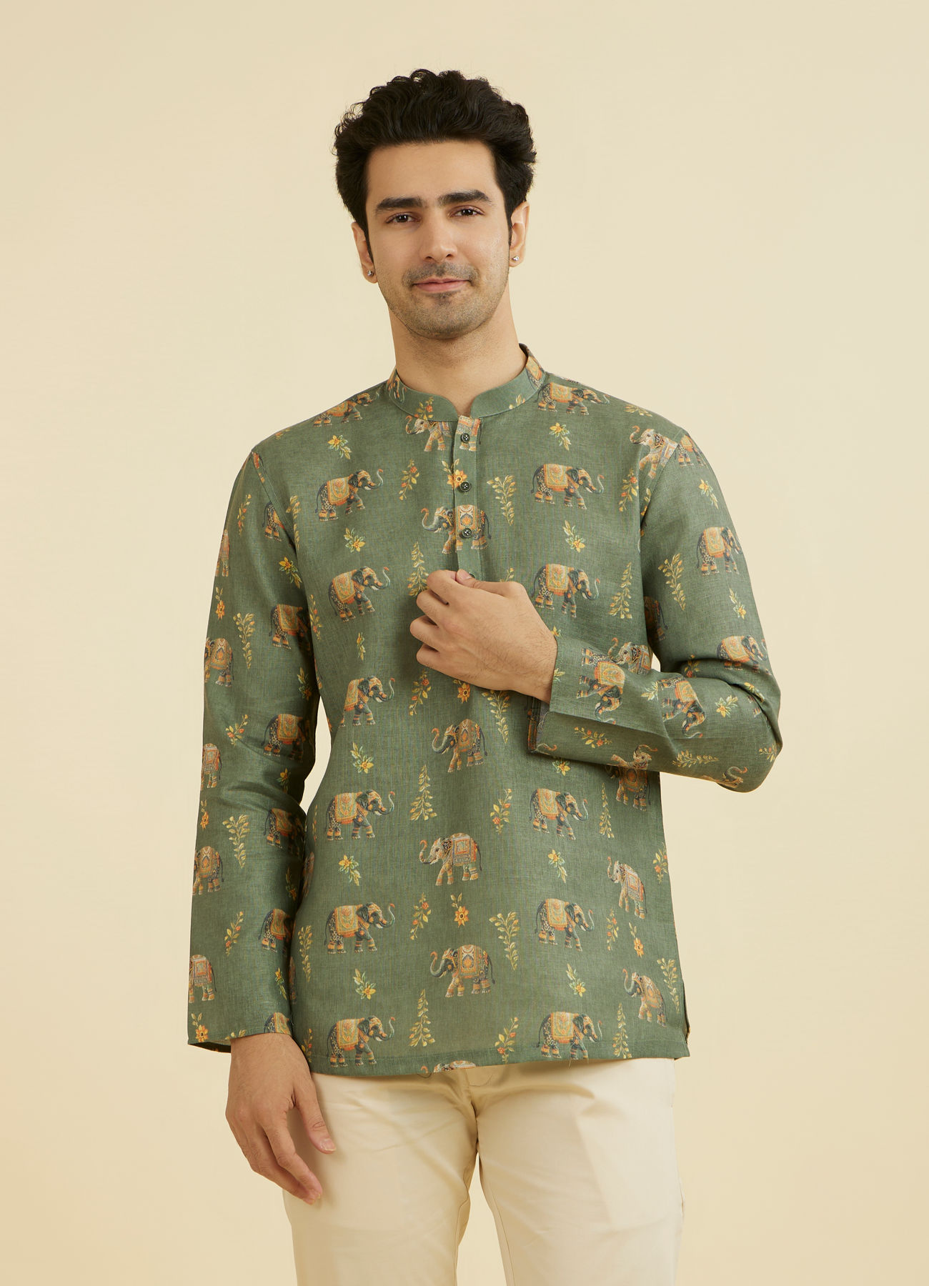 Manyavar Men Olive Green Elegance Short Kurta