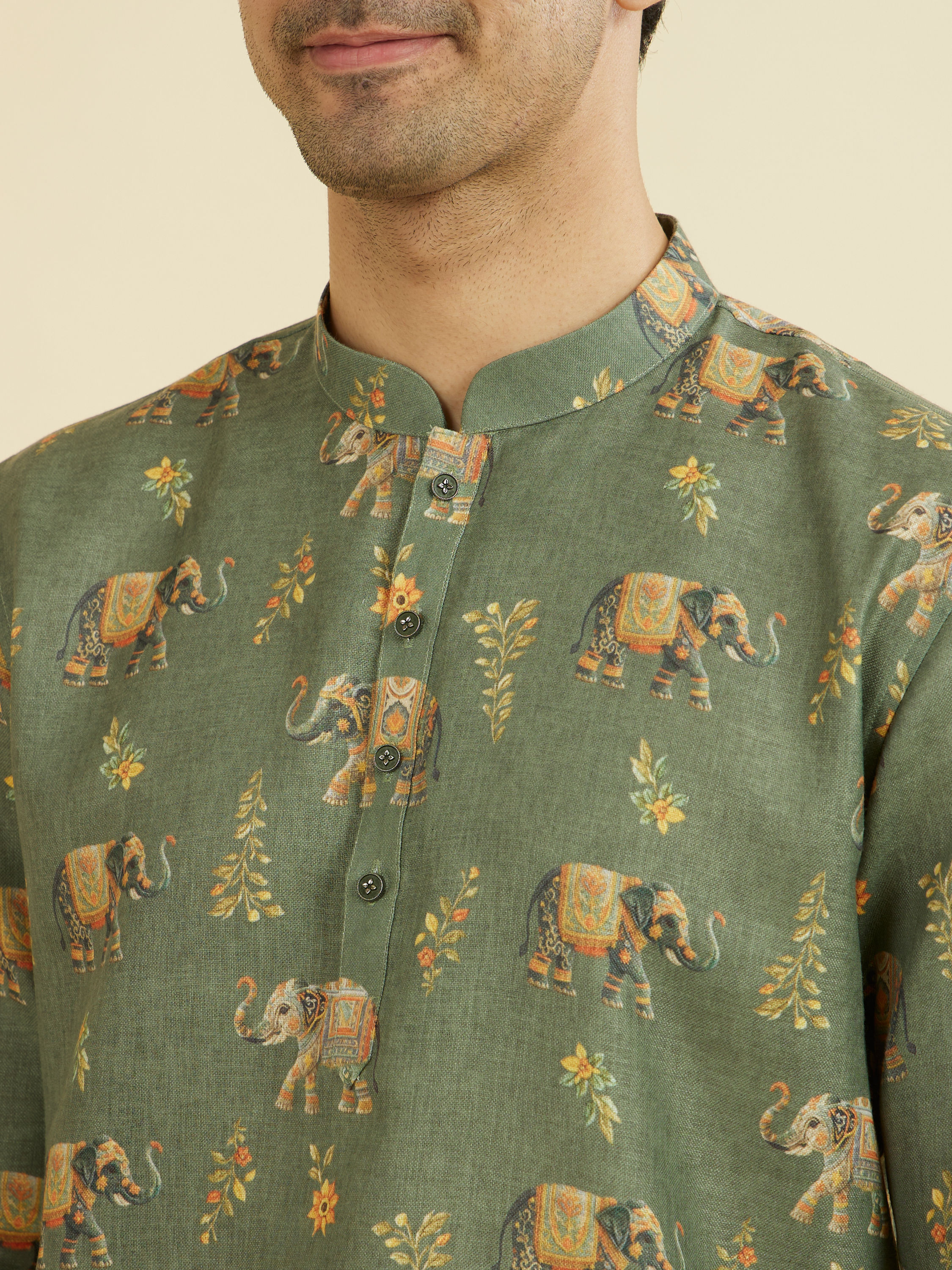 Manyavar Men Olive Green Elegance Short Kurta