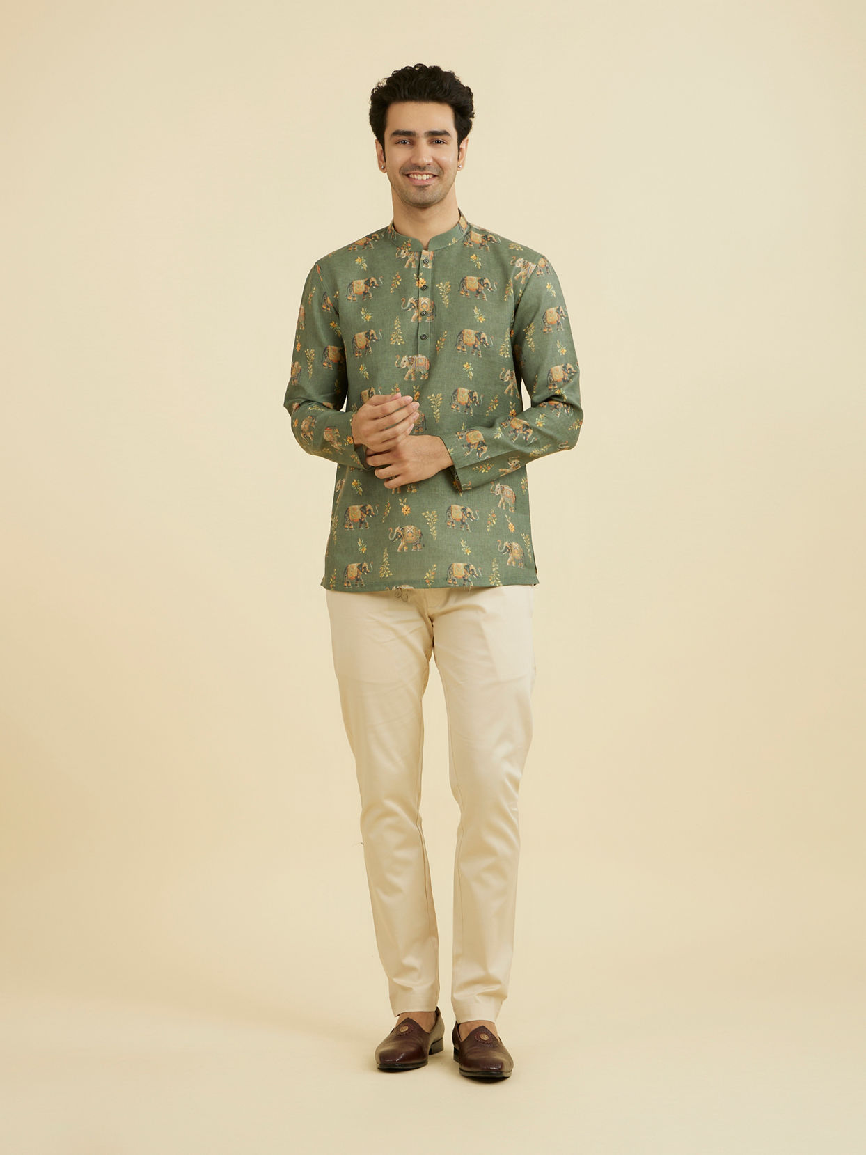 Manyavar Men Olive Green Elegance Short Kurta