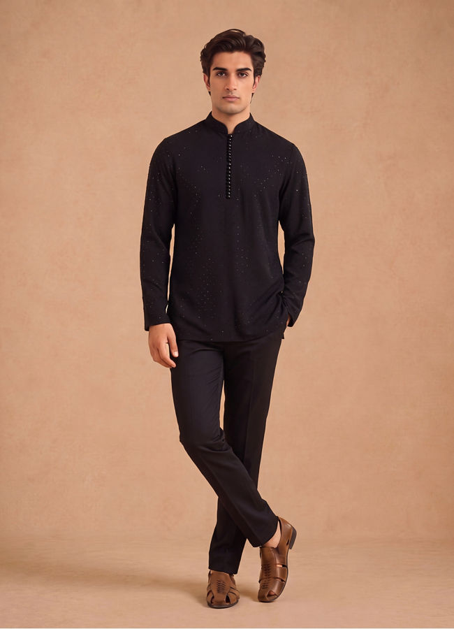 Manyavar Men Black Rayon Short Kurta