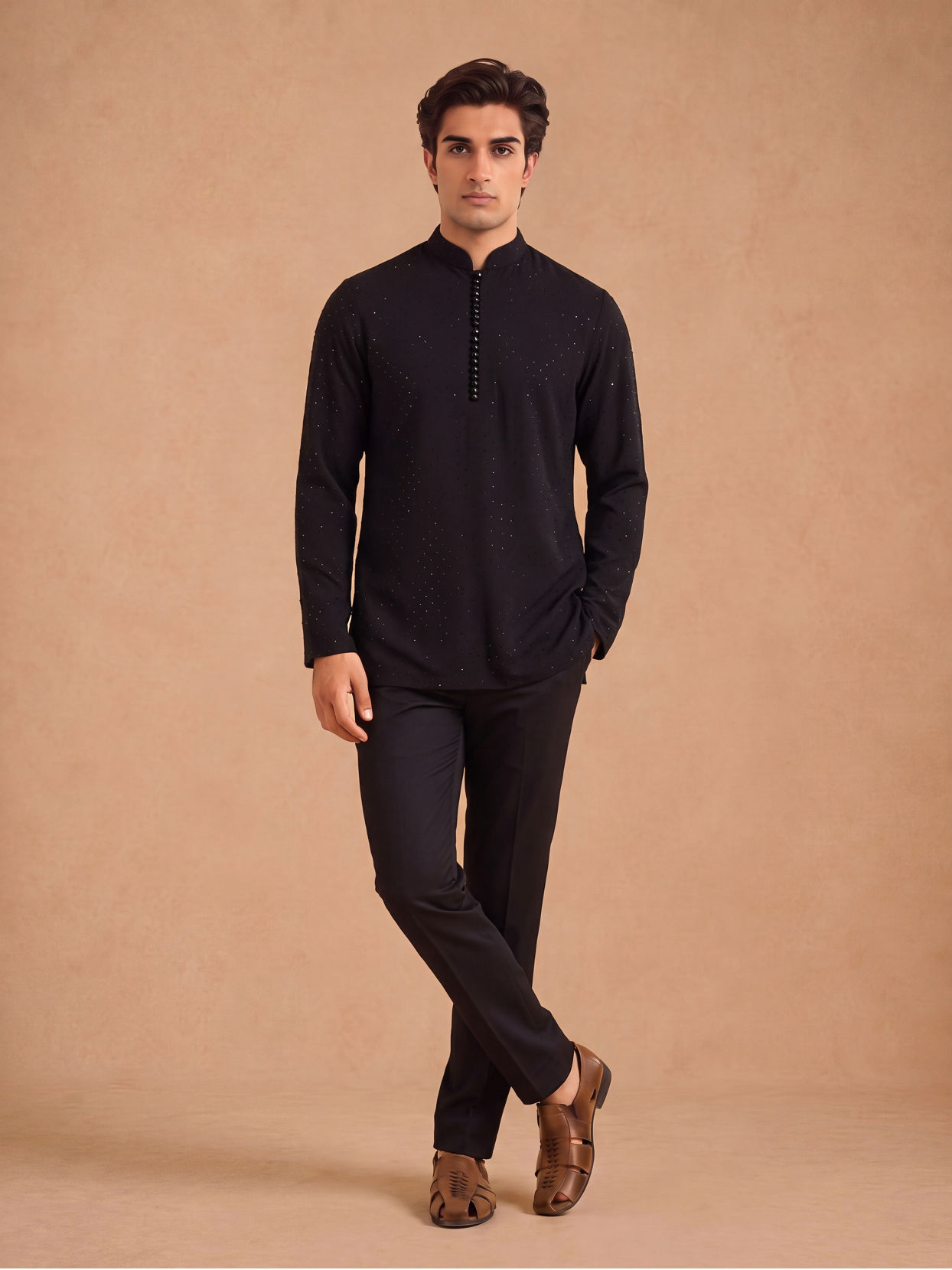 Manyavar Men Black Rayon Short Kurta